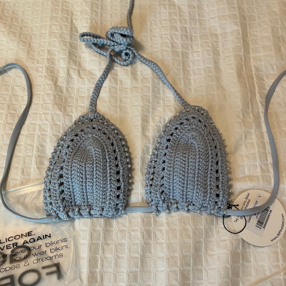 JMP THE LABEL - CABO CROCHET TRIANGLE BIKINI TOP - SKY BLUE - LARGE